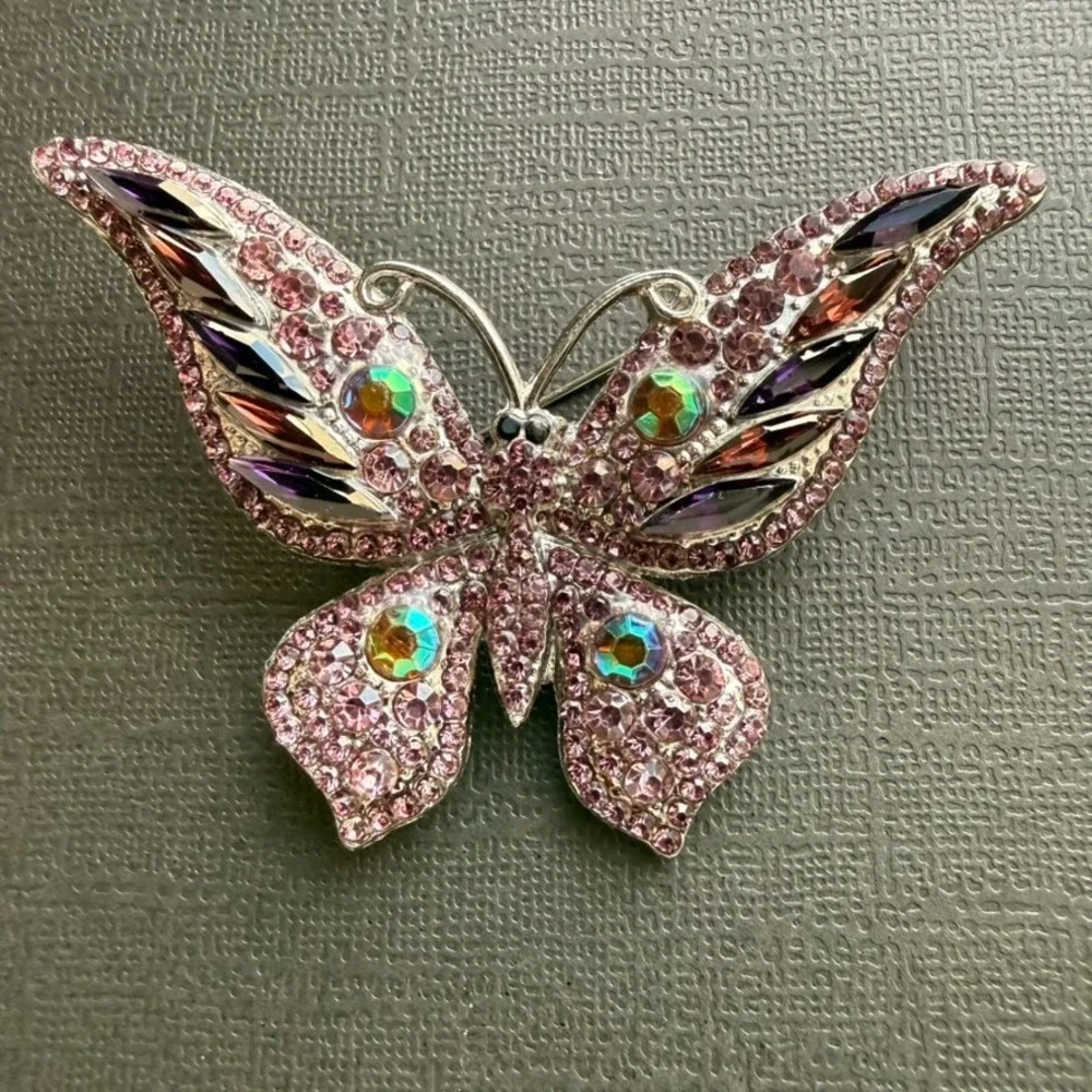 Pink Rhinestone Butterfly Brooch Iridescent Silver Tone Statement Jewelry Pin